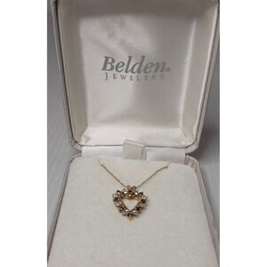 10K Gold Heart Pendant Necklace Blue White Stones Open Heart Vintage